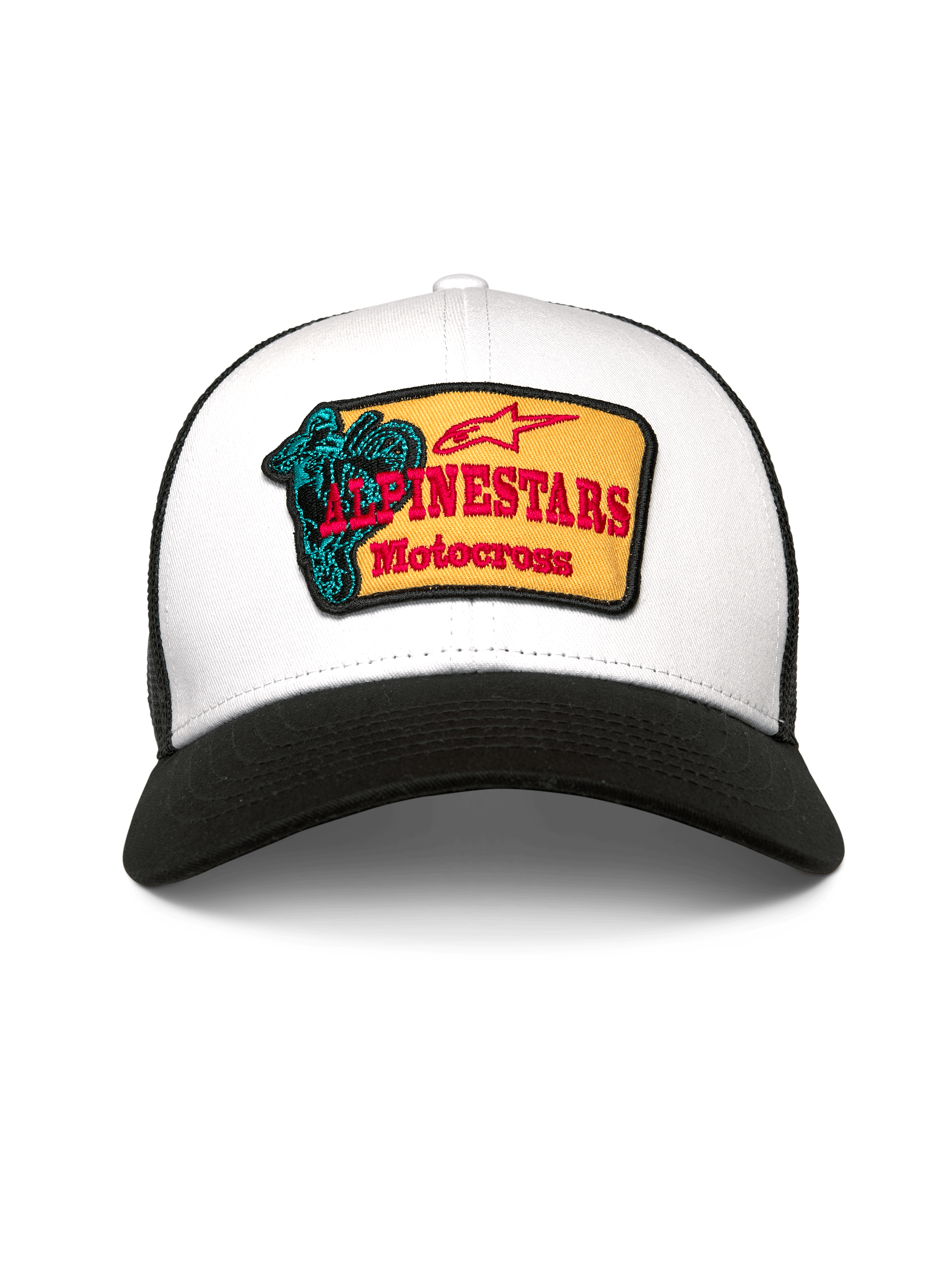 Casquette Trucker Alpinestars Hardware, blanc et noir, avec un écusson brodé jaune, le texte Alpinestars Motocross en rouge et un graphisme bleu sarcelle, visière courbée et arrière en maille respirante, couvre-chef décontracté inspiré du sport automobile