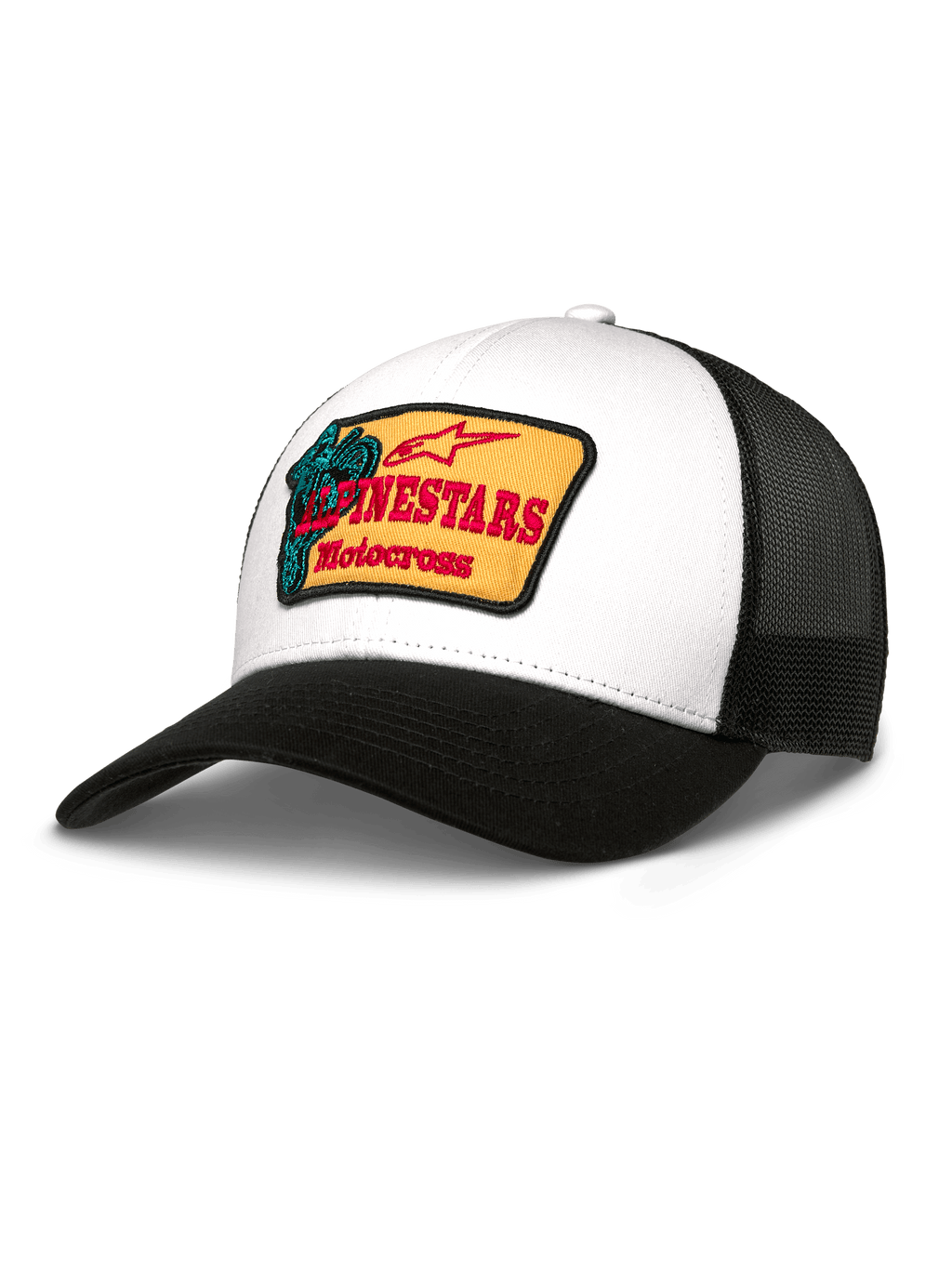 Casquette Alpinestars Hardware Trucker, panneau avant en sergé blanc et arrière en maille noire, écusson brodé jaune avec logo rouge et graphique motocross bleu-vert, visière noire incurvée, style sportswear décontracté