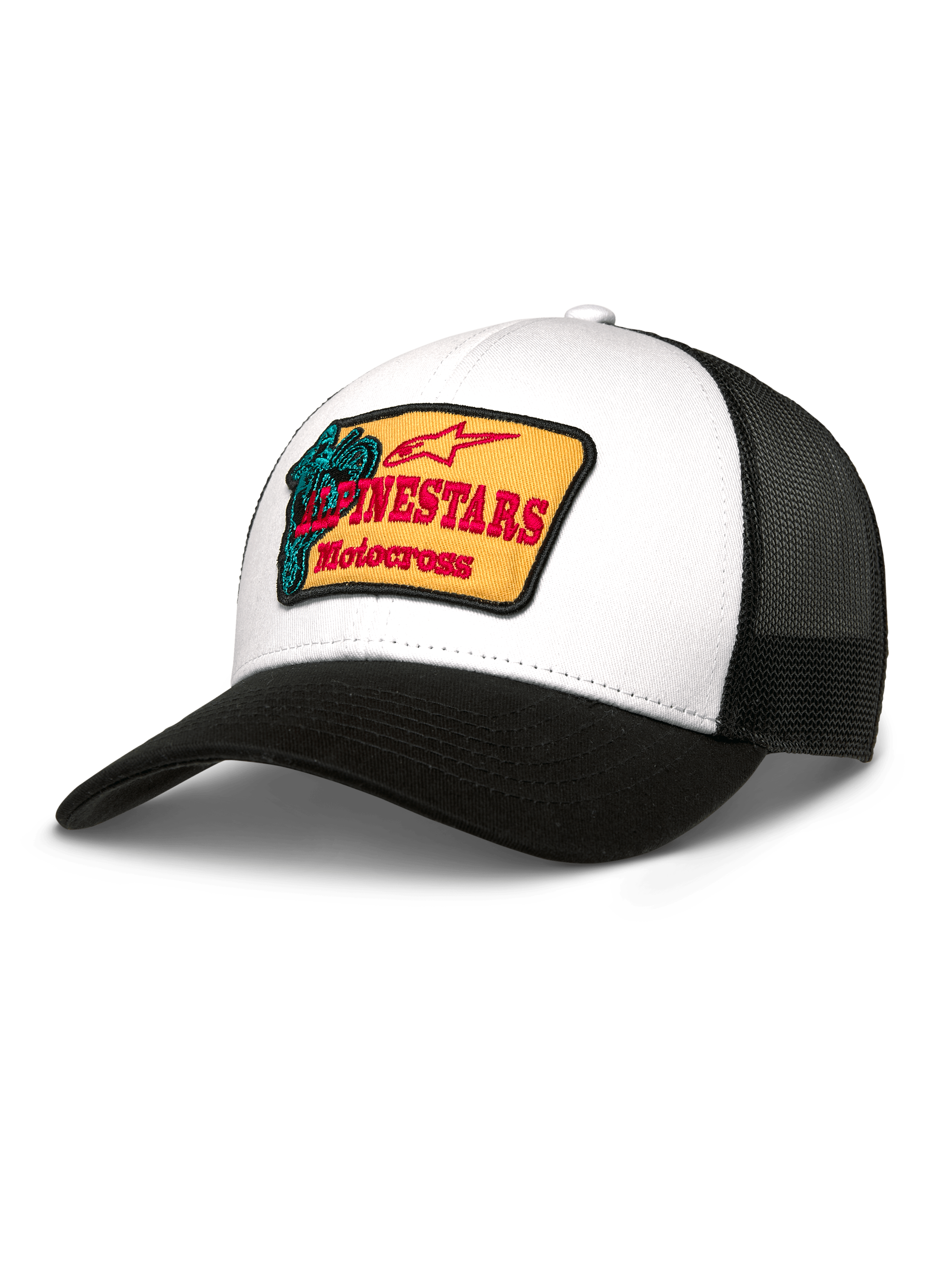 Casquette Alpinestars Hardware Trucker, panneau avant en sergé blanc et arrière en maille noire, écusson brodé jaune avec logo rouge et graphique motocross bleu-vert, visière noire incurvée, style sportswear décontracté
