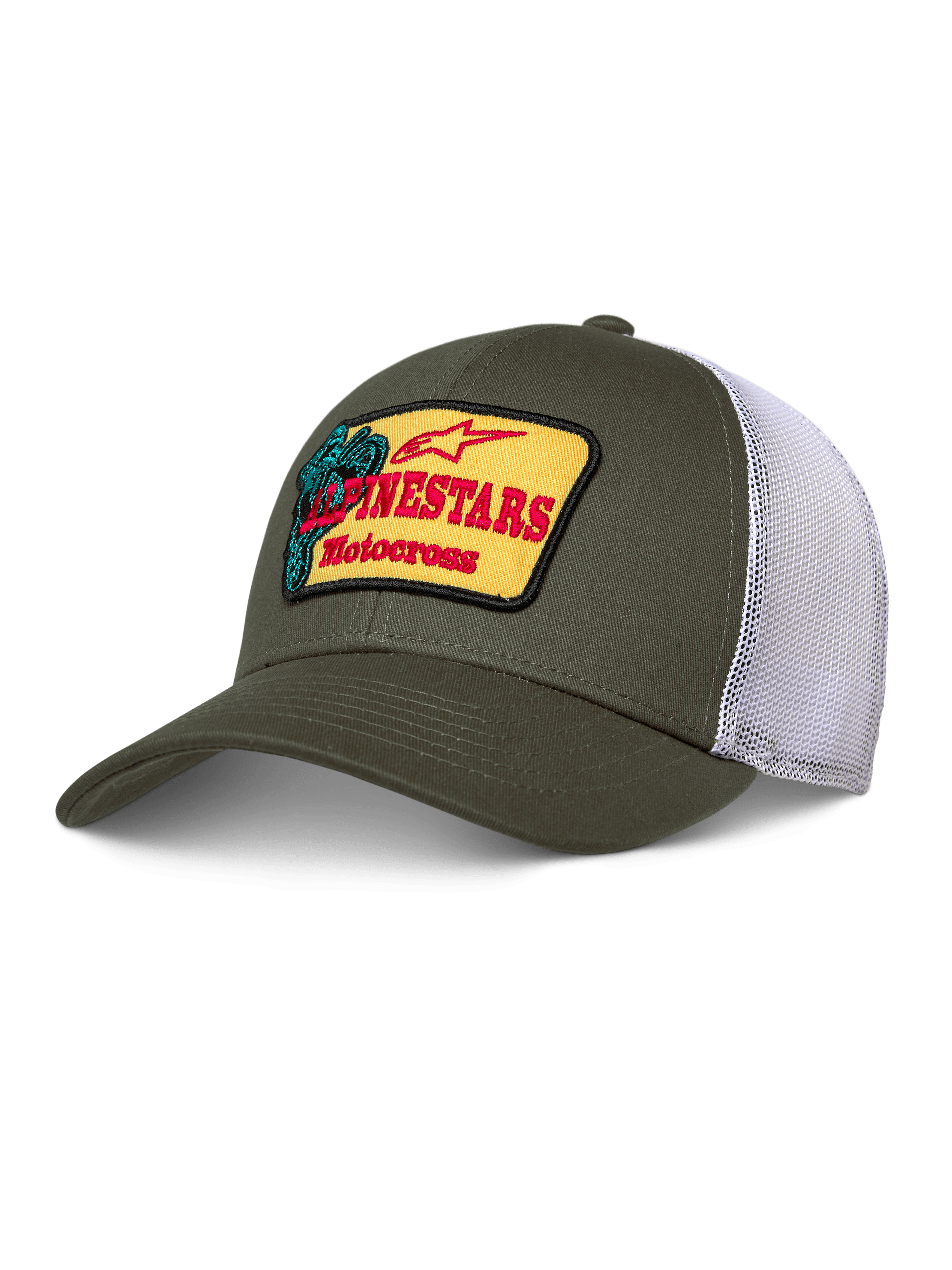 Casquette Alpinestars Hardware Trucker, vert olive et maille blanche, écusson jaune avec logo Alpinestars Motocross rouge, visière courbée, couronne structurée, vêtement de sport décontracté