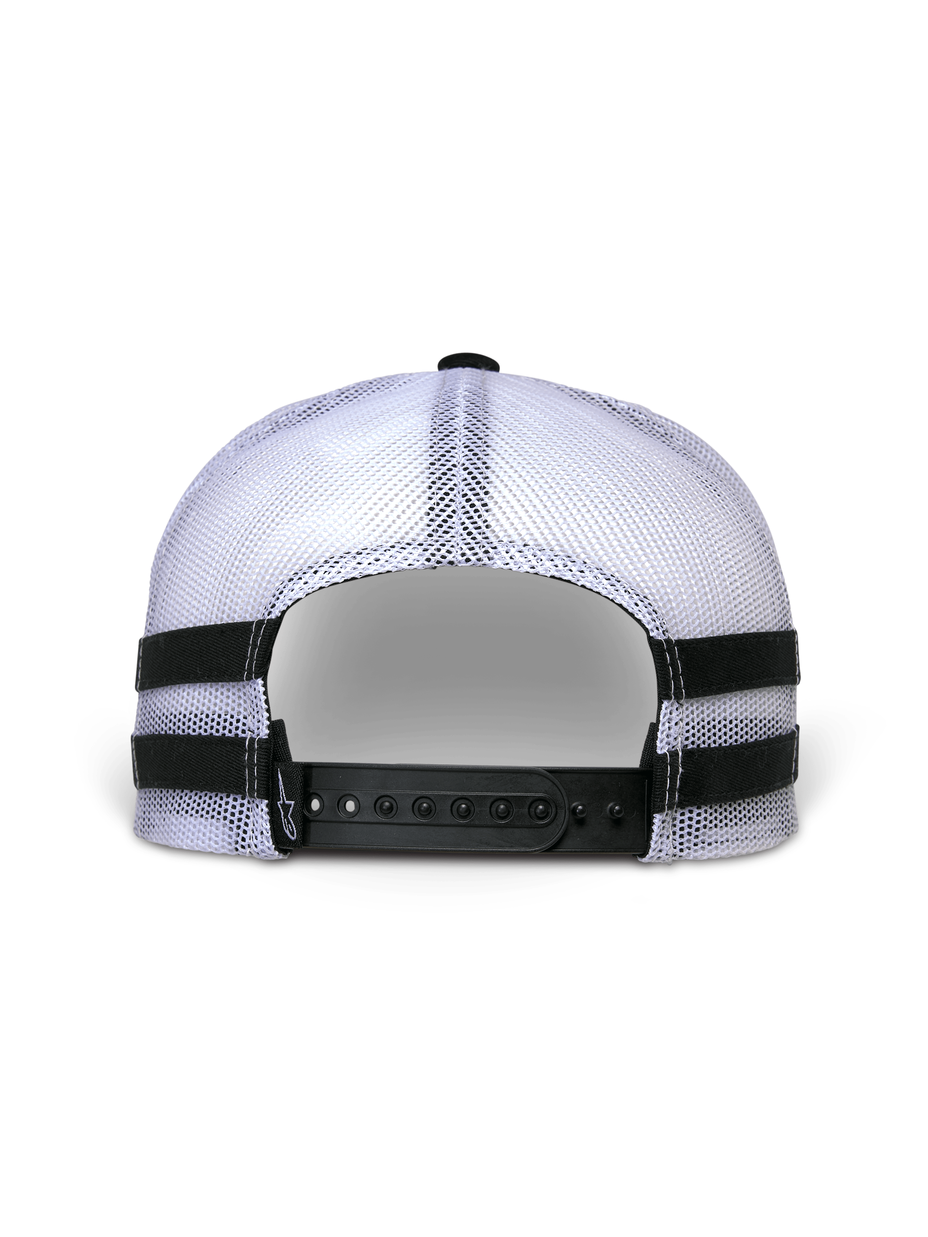 Casquette Trucker Alpinestars Backline, vue arrière, arrière en maille blanche avec fermeture snapback noire, bandes horizontales noires appliquées sur les côtés, style streetwear décontracté sport automobile
