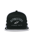 Casquette Trucker Backline Alpinestars, casquette trucker, noir et blanc, logo graphique à l'avant avec « Alpinestars Since 1963 », visière plate avec bordure blanche, couronne structurée et arrière en maille