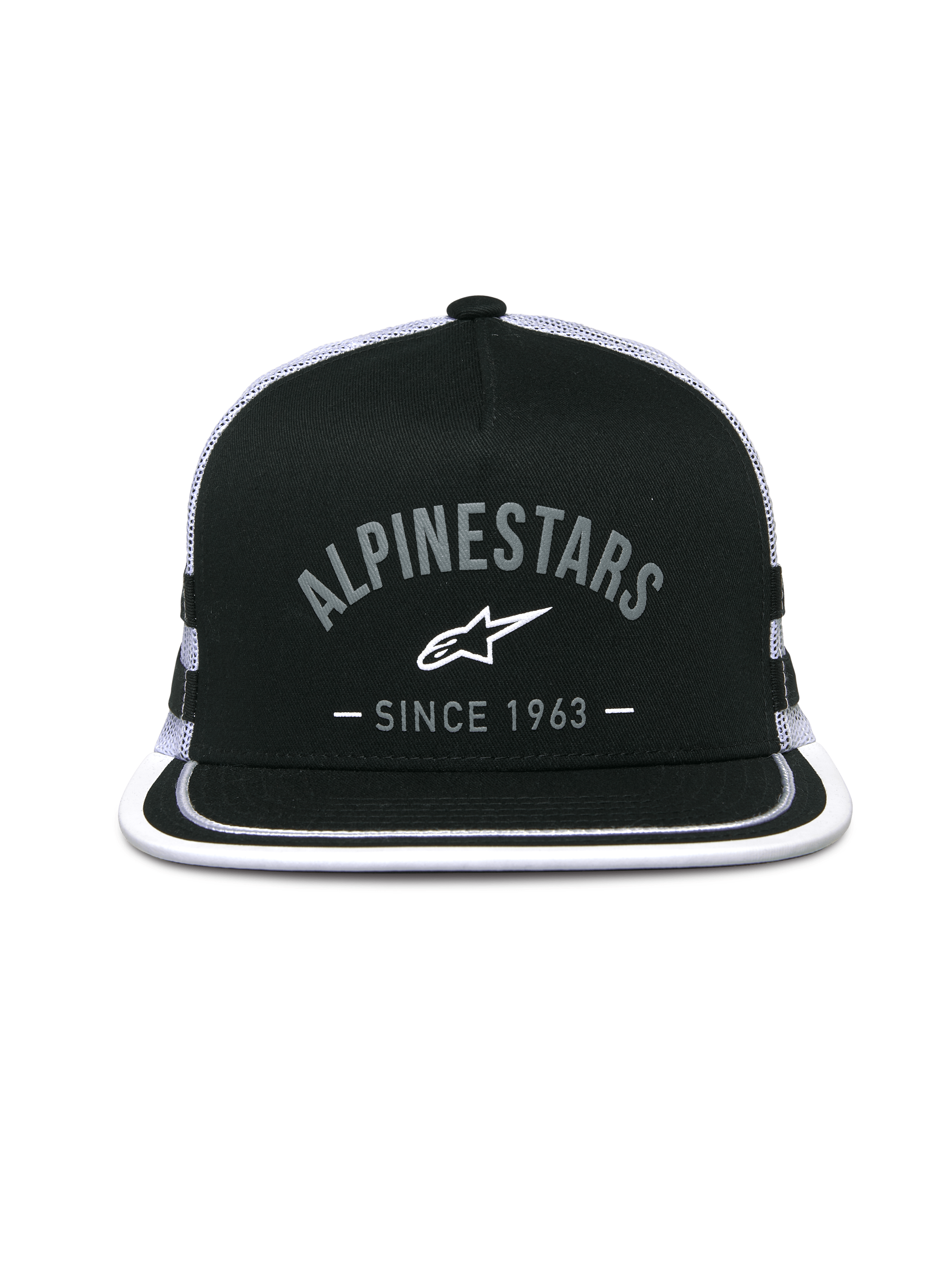 Casquette Trucker Backline Alpinestars, casquette trucker, noir et blanc, logo graphique à l'avant avec « Alpinestars Since 1963 », visière plate avec bordure blanche, couronne structurée et arrière en maille