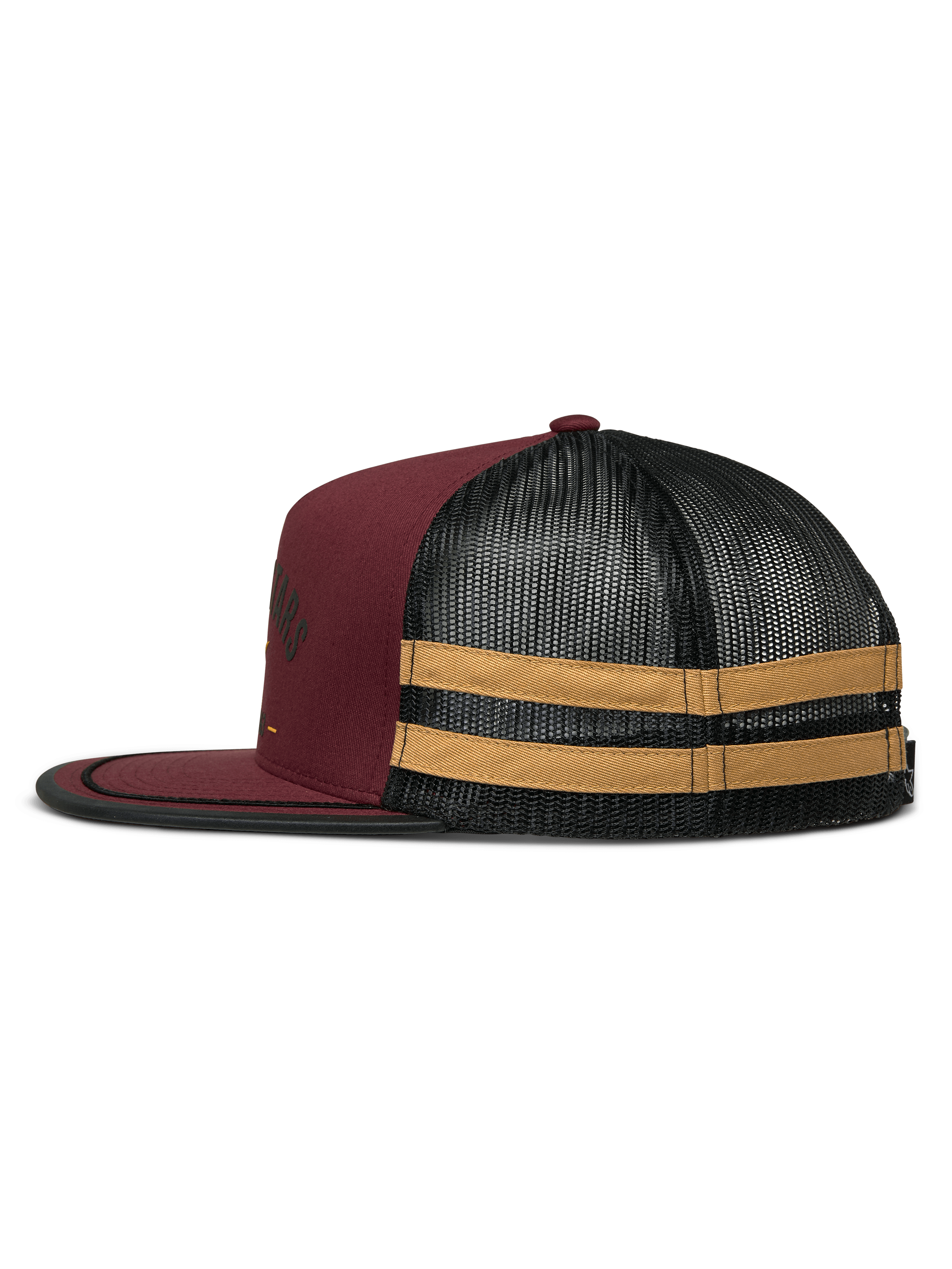 Alpinestars Backline Trucker Hat, side profile view, Brick Black and Mustard, maroon twill front with black mesh back, featuring mustard horizontal stripes on the side, flat bill with black edge trim, casual motorsport-inspired snapback