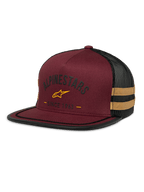 Alpinestars Backline Trucker Hat, Brick and Black Mesh Cap, Yellow Star Logo and 'Since 1963' Heritage Graphic, Structured Crown with Flat Bill, Mustard Yellow Side Stripes
