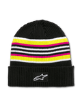 Alpinestars Bolted Cuff Beanie, bonnet tricoté noir avec bandes horizontales blanches, jaunes et roses, patch étoile blanche sur revers noir, texture côtelée