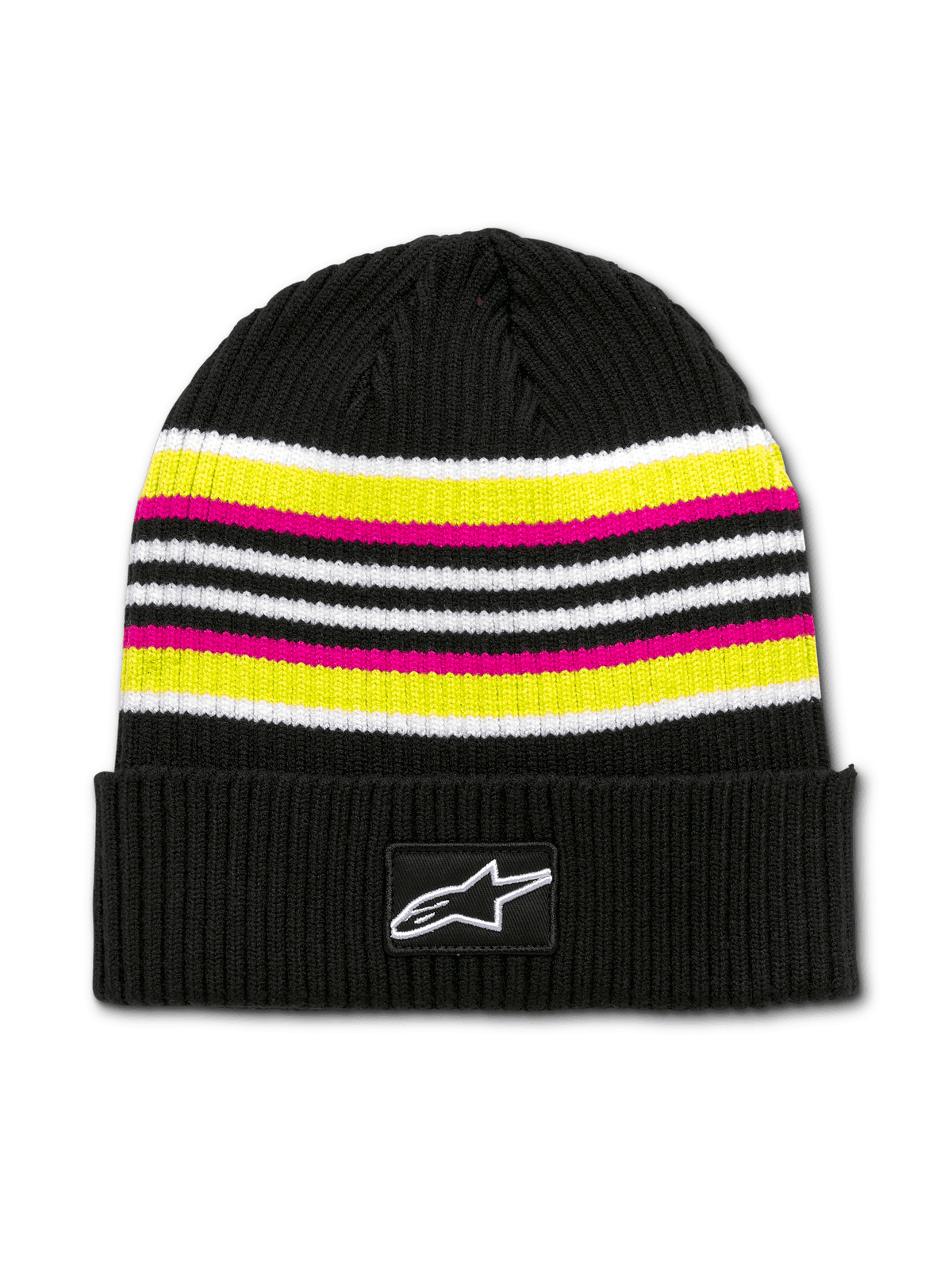 Alpinestars Bolted Cuff Beanie, bonnet tricoté noir avec bandes horizontales blanches, jaunes et roses, patch étoile blanche sur revers noir, texture côtelée