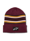 Alpinestars Bolted Cuff Beanie, bonnet d'hiver en tricot côtelé bordeaux, rayures horizontales teintes en fil dorées, noires et blanches, revers replié avec écusson logo Alpinestars tissé, couvre-chef sportswear décontracté