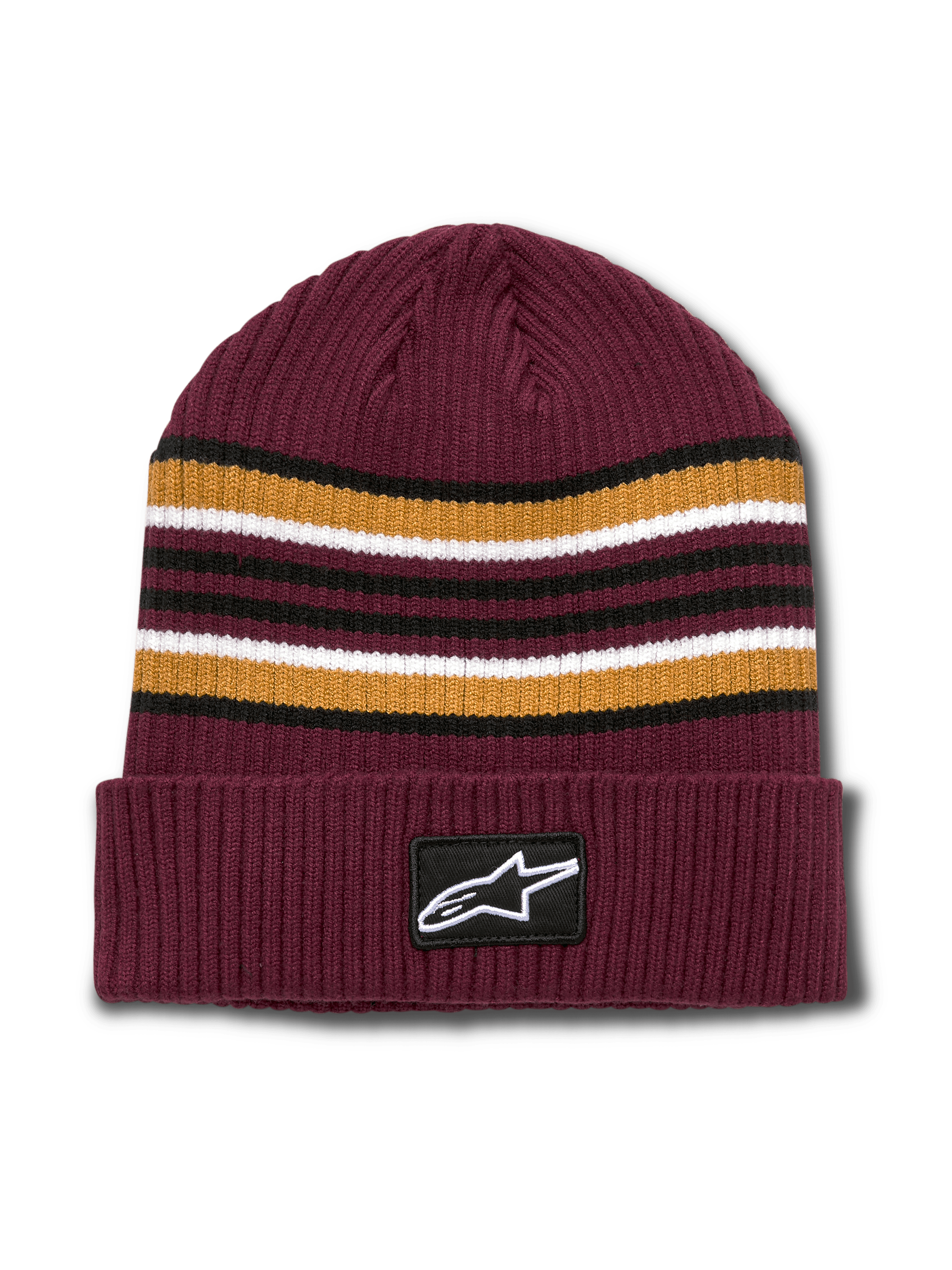Alpinestars Bolted Cuff Beanie, bonnet d'hiver en tricot côtelé bordeaux, rayures horizontales teintes en fil dorées, noires et blanches, revers replié avec écusson logo Alpinestars tissé, couvre-chef sportswear décontracté