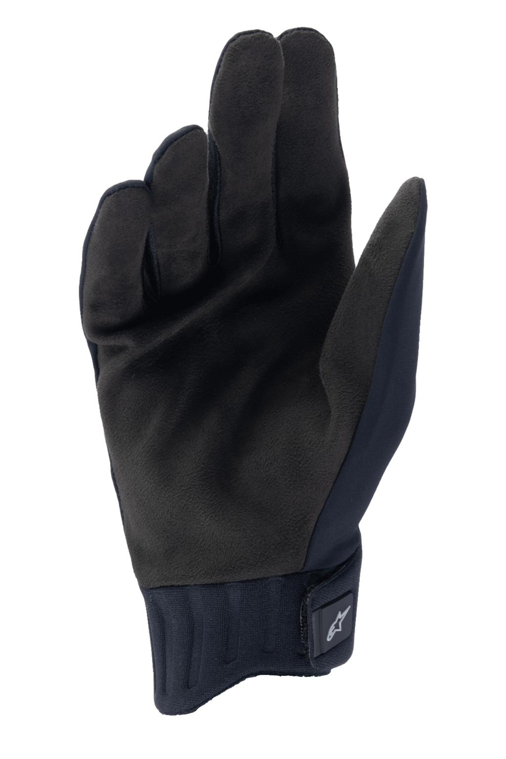 Gants de pluie Alpinestars A-Dura, gants de cyclisme noirs, vue de la paume montrant le matériau en suède synthétique, manchette en néoprène côtelé avec fermeture à crochet et boucle, design discret pour le VTT et protection contre les intempéries