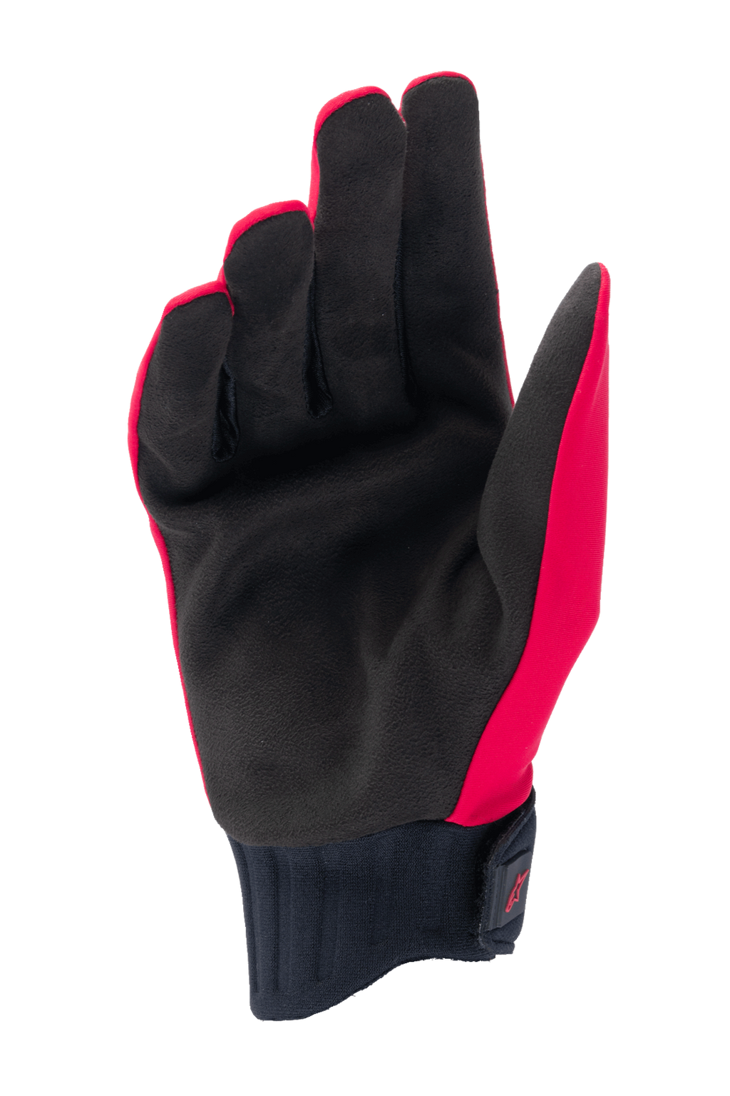 Gants de pluie Alpinestars A-Dura, gants de VTT, rouge fluo et noir, vue de la paume montrant une paume en suède synthétique noire, manchette en néoprène côtelé avec sangle auto-agrippante, design profilé pour le VTT