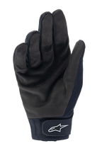 Alpinestars A-Dura Thermal Gloves, Black MTB Cycling Gloves, palm view showing durable synthetic suede and hook-and-loop wrist closure with white Alpinestars logo, thermal cycling gear for cold weather