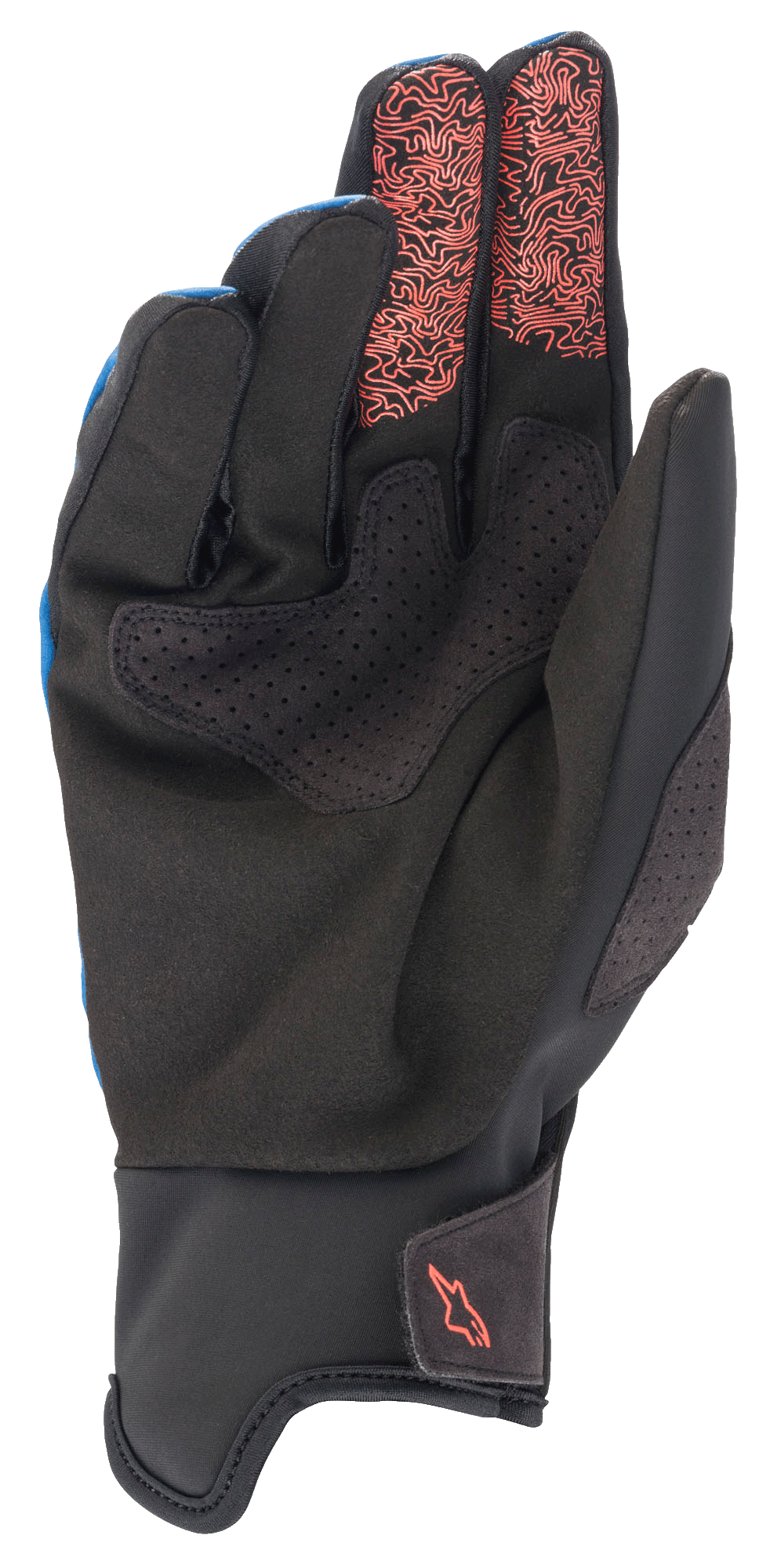 Gants Alpinestars Denali 2, gants de VTT, bleu moyen, noir et corail fluo, vue de la paume montrant le cuir synthétique Clarino noir avec des détails perforés, des motifs topographiques corail fluo sur le bout de l'index et du majeur, et un petit logo corail sur la manchette.