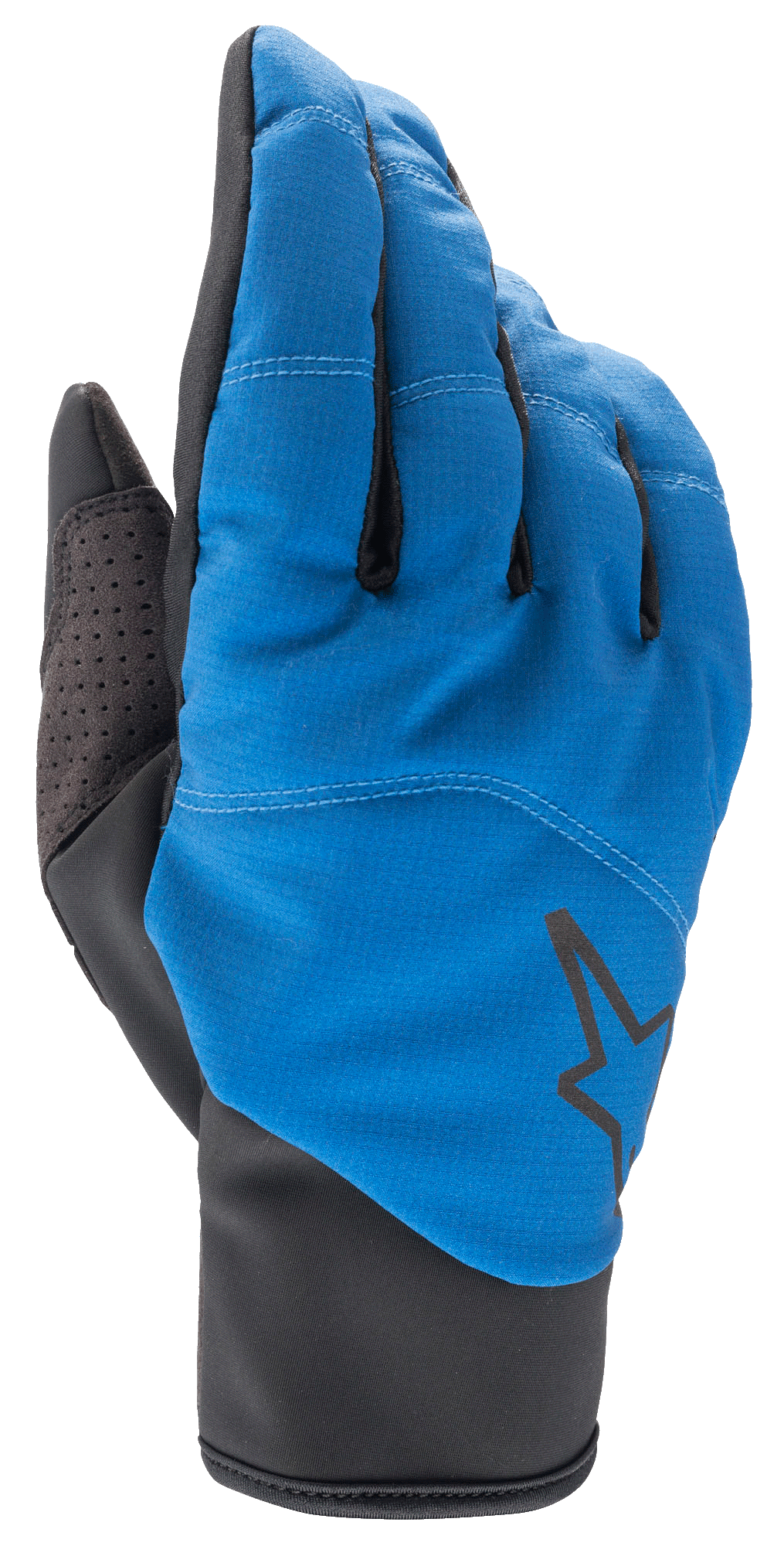 Gants Alpinestars Denali 2, gants de VTT, bleu moyen et noir, avec dessus de main en softshell résistant aux intempéries, logo étoile noir, renfort de pouce perforé et poignet à enfiler épuré pour rouler par temps froid