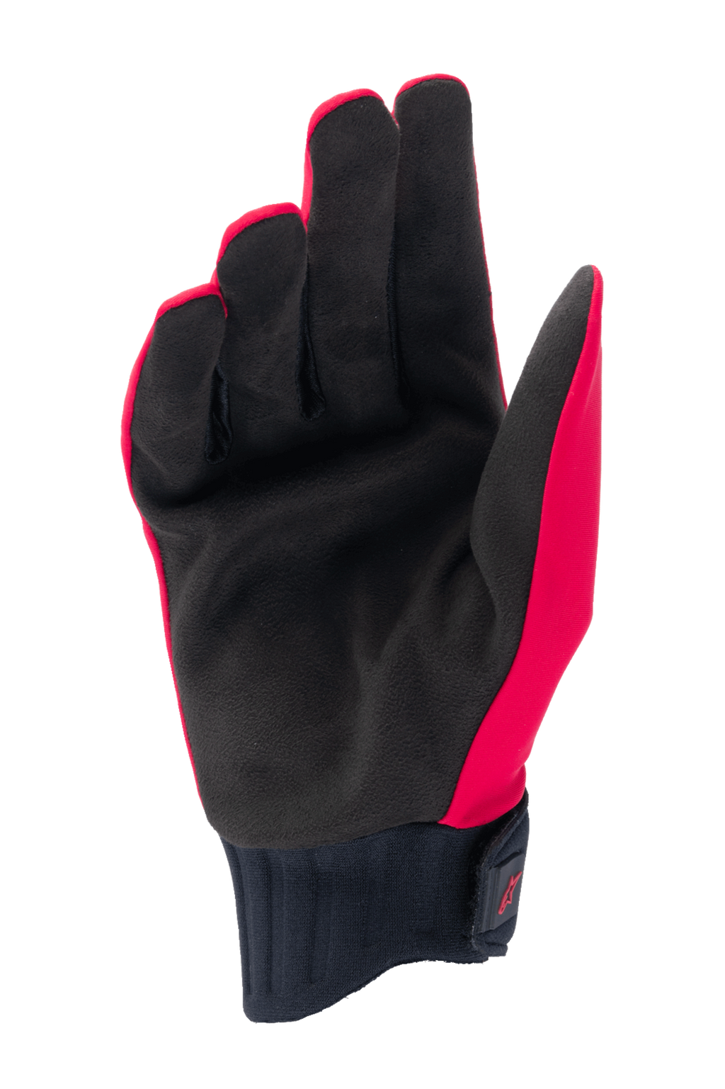 Gants de pluie Alpinestars Stella A-Dura pour femme, rouge fluo et noir, vue de la paume en suède synthétique, manchette en néoprène côtelé avec fermeture de poignet à crochet et boucle, gants de cyclisme imperméables