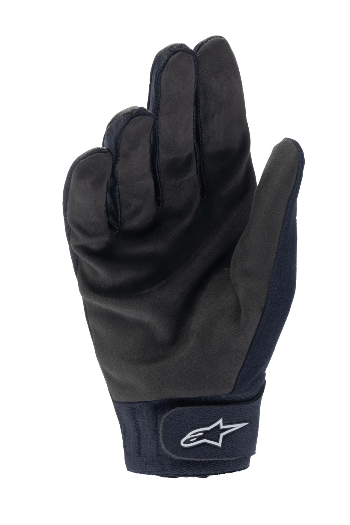 Gants thermiques Alpinestars Stella A-Dura, gants de cyclisme pour femme, noir, vue de la paume avec texture en suède synthétique, manchette en néoprène dotée d'une fermeture par crochet et boucle avec logo étoile blanc, équipement VTT pour temps froid