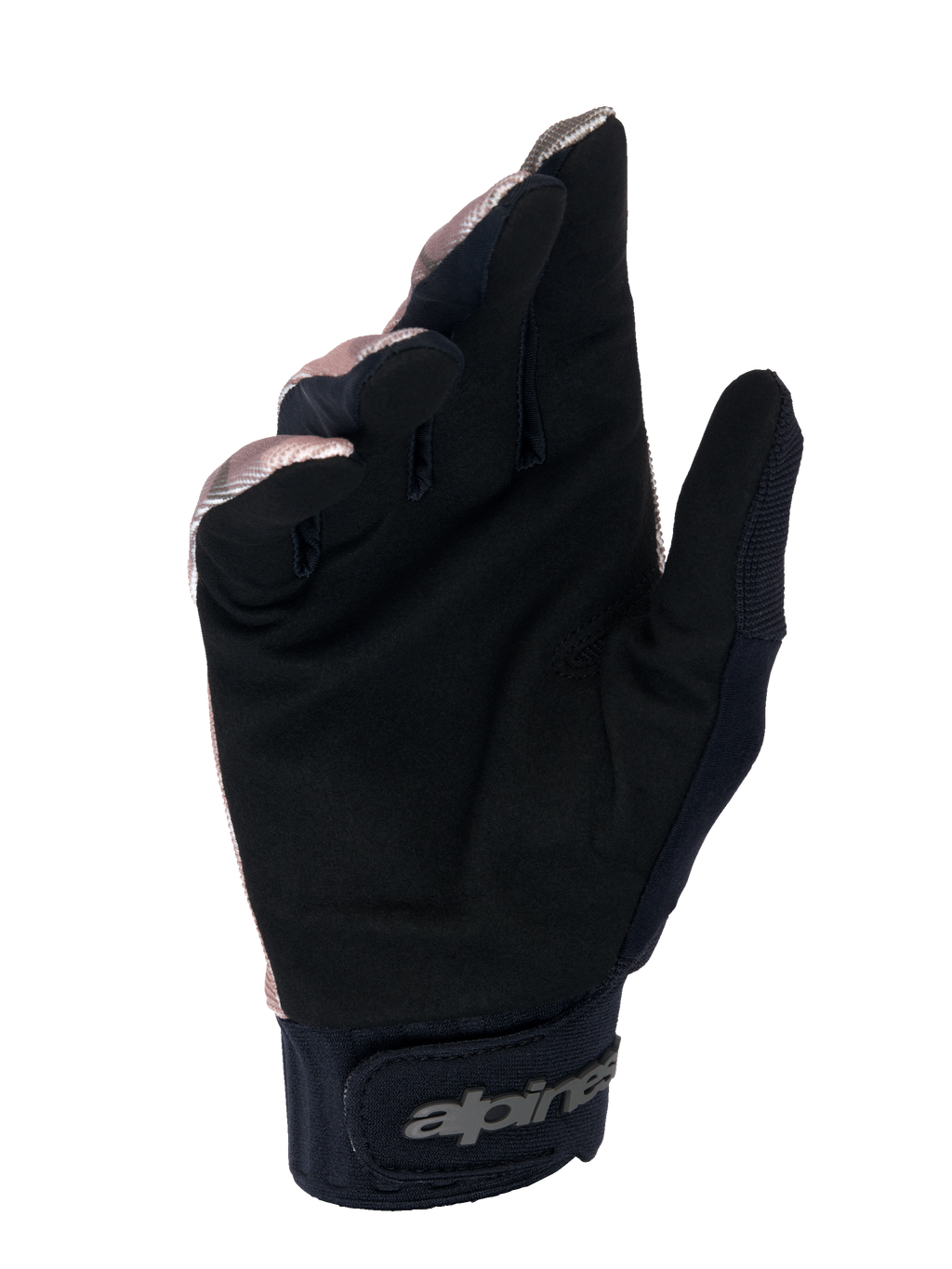 Alpinestars A-Dura Squad Gloves, MTB Gloves, Camo and Brown, palm view showing black synthetic suede, neoprene cuff with hook-and-loop closure and Alpinestars logo, durable design for mountain biking