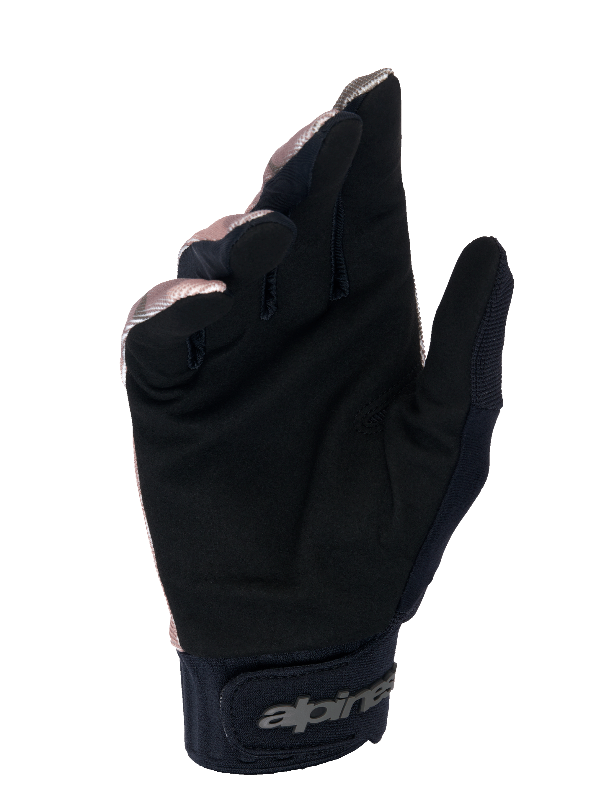 Alpinestars A-Dura Squad Gloves, MTB Gloves, Camo and Brown, palm view showing black synthetic suede, neoprene cuff with hook-and-loop closure and Alpinestars logo, durable design for mountain biking