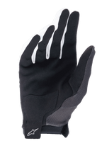 Gants Alpinestars A-Aria, Noir, vue de la paume montrant le daim synthétique pour l'adhérence, empiècement de paume renforcé et fermeture à crochet et boucle au poignet avec logo Alpinestars, gants de VTT légers