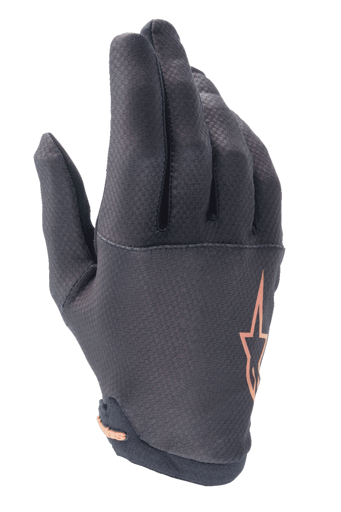 Alpinestars A-Aria Gloves, Mountain Bike (MTB) Gloves, Black with Rose Gold Star Logo, featuring a textured grid pattern on the fingers and lightweight stretch fabric for trail riding