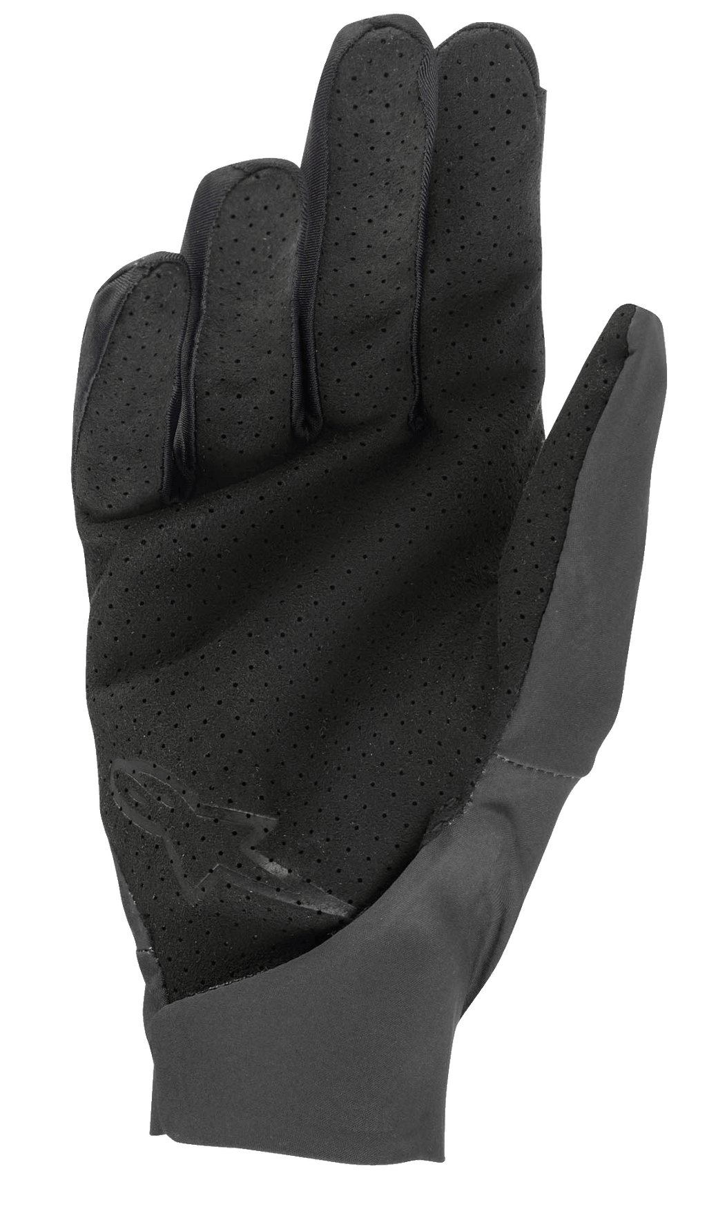 Gants Alpinestars Drop 4.0, noir, vue de la paume montrant le matériau perforé pour la circulation de l'air, construction ajustée avec tissu stretch léger, logo discret sur le bas de la paume, conçu pour le VTT et l'enduro