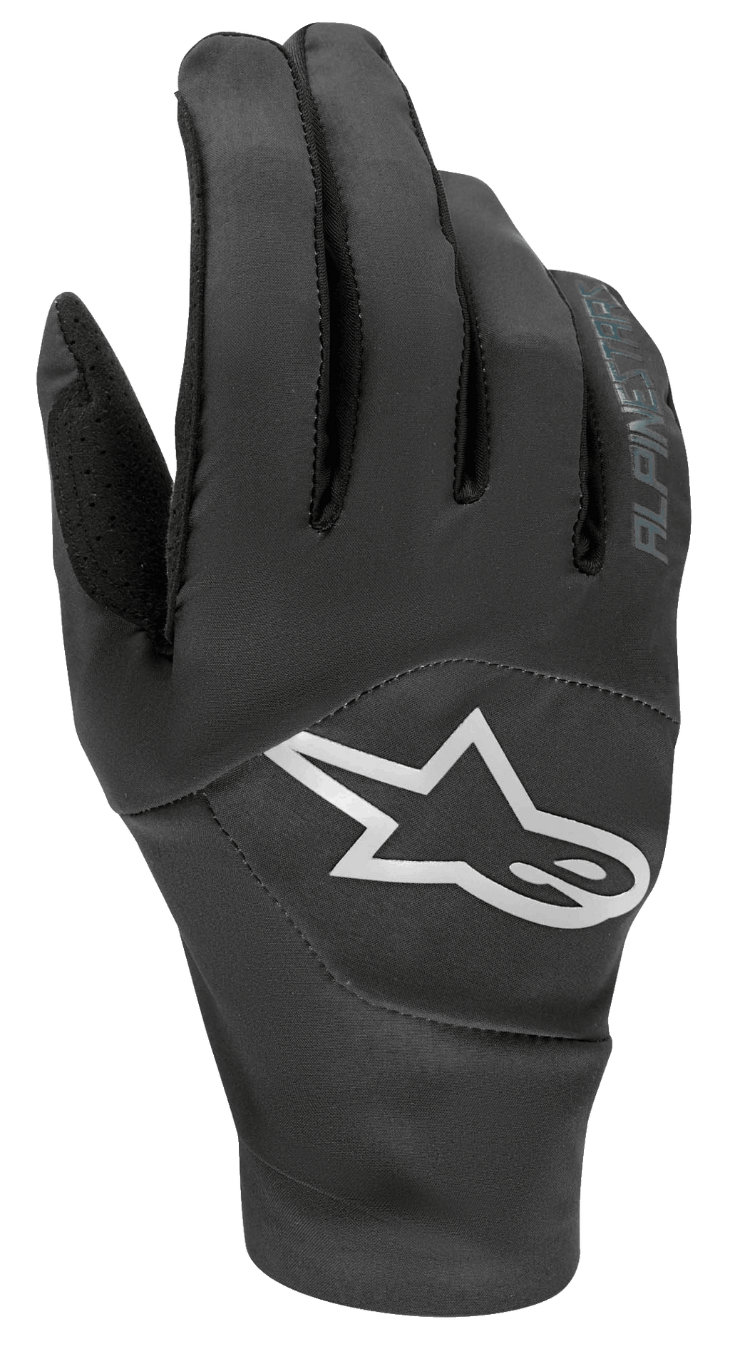 Alpinestars Drop 4.0 Gloves, gants de VTT, noirs avec un grand logo étoile blanc sur le dos de la main, construction en maille stretch respirante et design ergonomique épuré pour la pratique de l'enduro