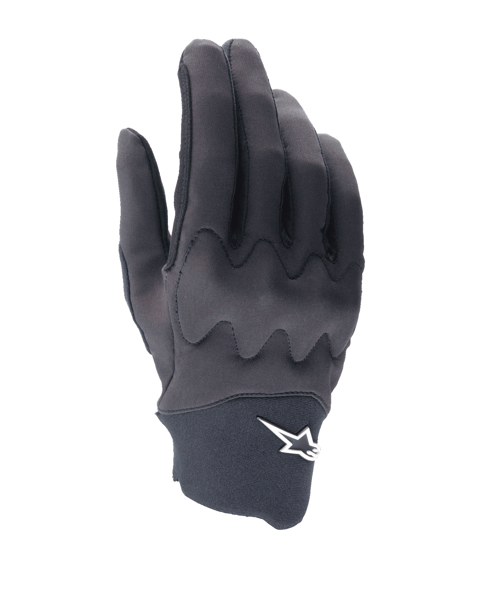 Gants Alpinestars A-Supra Shield, gants de VTT, noir, design épuré avec motif de protection des articulations ondulé, logo étoile blanc sur le manchon en néoprène, construction flexible et durable