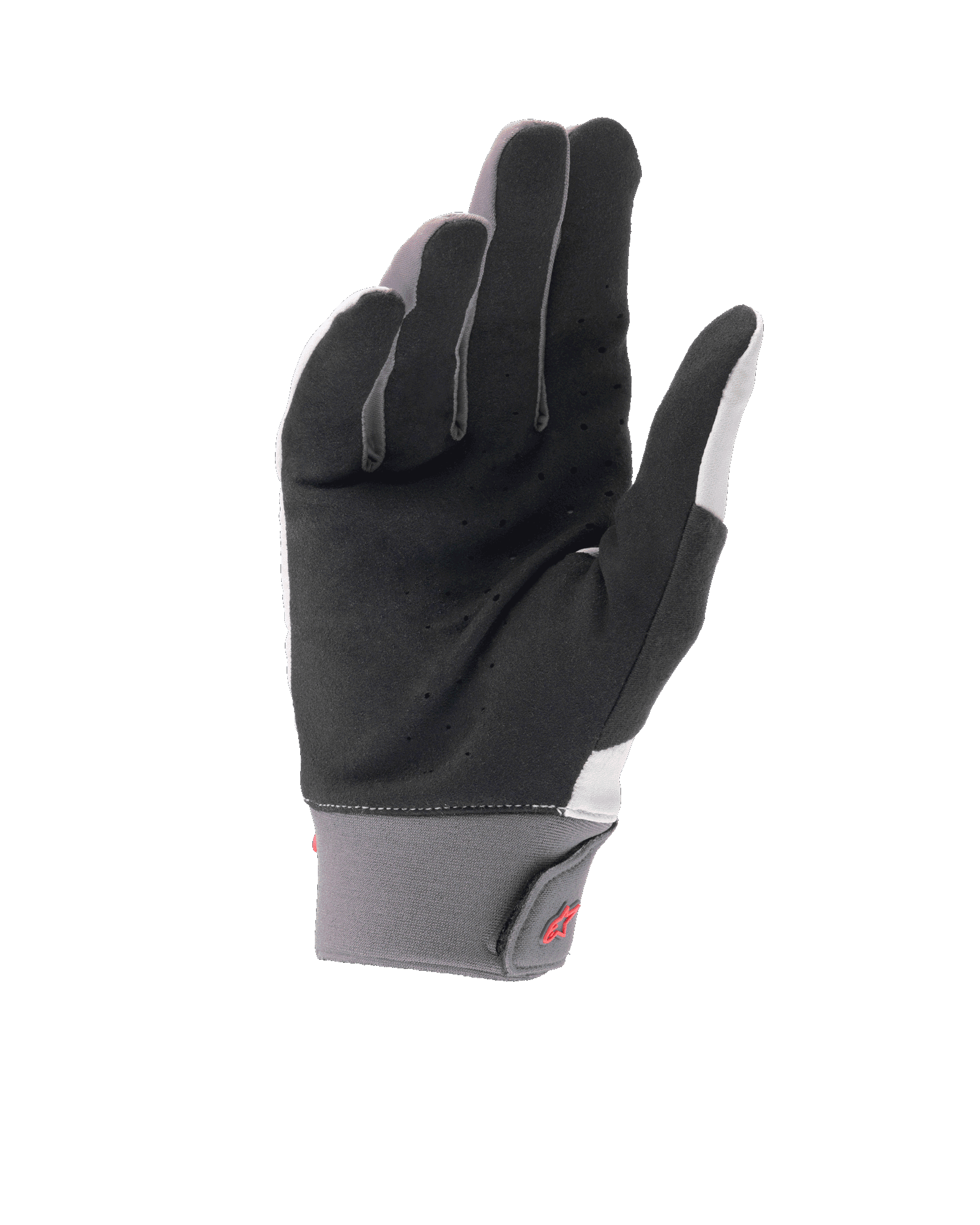 Alpinestars A-Supra Shield Gloves, Light Gray mountain bike gloves, palm view showing perforated black synthetic suede for ventilation, gray neoprene cuff with hook and loop closure featuring a red logo
