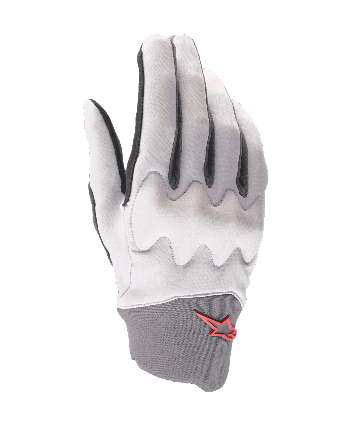 Alpinestars A-Supra Shield Gloves, Mountain Bike Gloves, Light Gray, featuring a wavy knuckle protection shield, dark gray neoprene cuff with red star logo, ergonomic design for gravity cycling