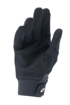 Gants Alpinestars A-Supra, noir, vue de la paume en daim synthétique perforé pour la ventilation, manchette en néoprène avec fermeture à crochet et boucle et logo blanc, équipement de VTT haute performance