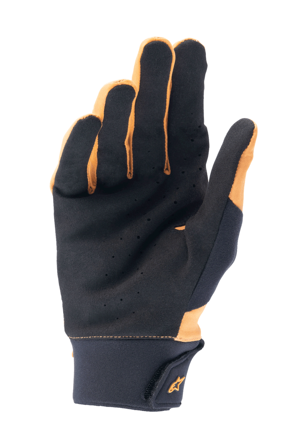 Alpinestars A-Supra Gloves, Dark Gold and Black, palm view showing perforated synthetic suede for ventilation and grip, wide neoprene cuff with hook and loop closure and gold logo, cycling gloves for mountain biking