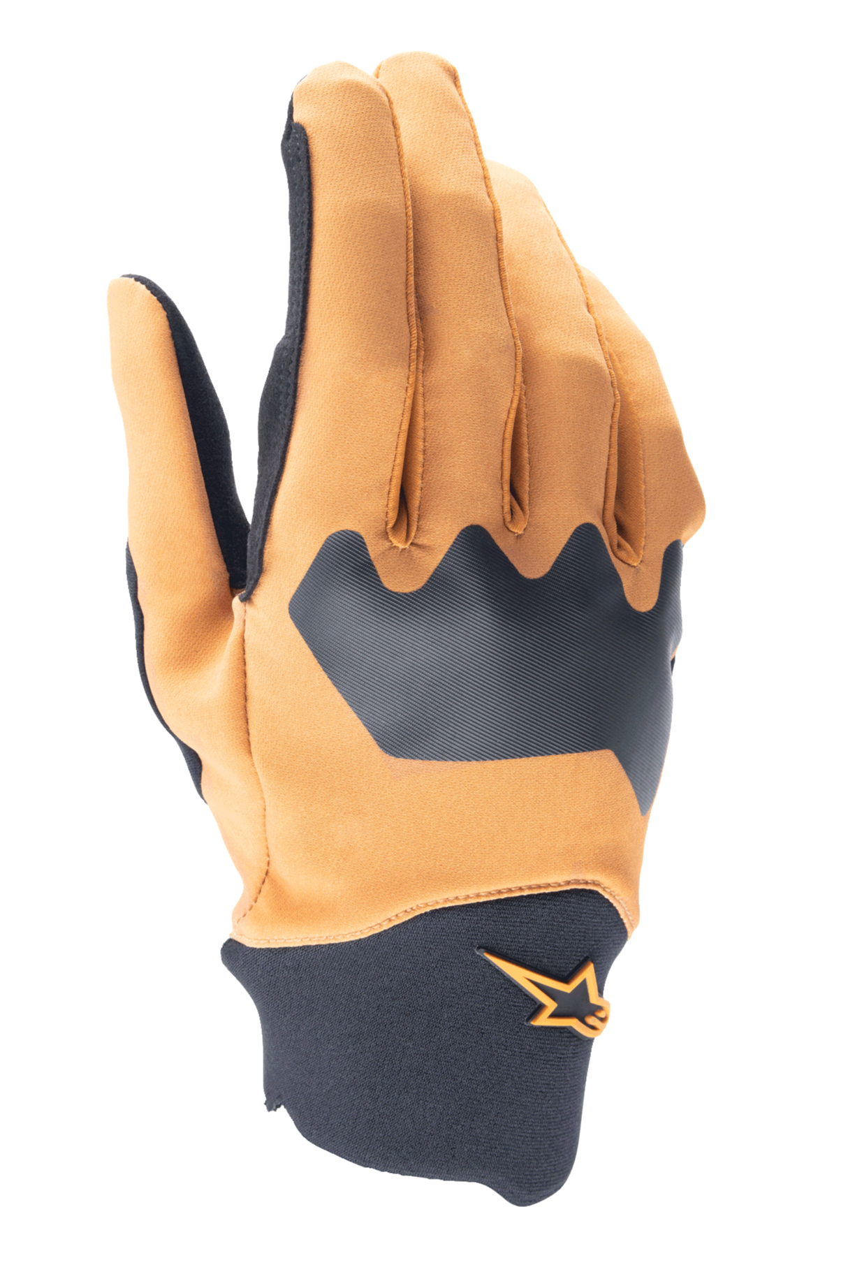 Gants Alpinestars A-Supra, gants de VTT, or foncé et noir, dessus en spandex flexible avec manchette en néoprène, avec logo étoile orange, équipement de cyclisme tout-terrain durable