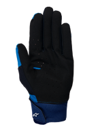 Alpinestars A-Supra Gloves, Blue MTB Gloves, palm view showing black perforated suede material, large blue neoprene cuff with hook and loop strap and white Astars logo