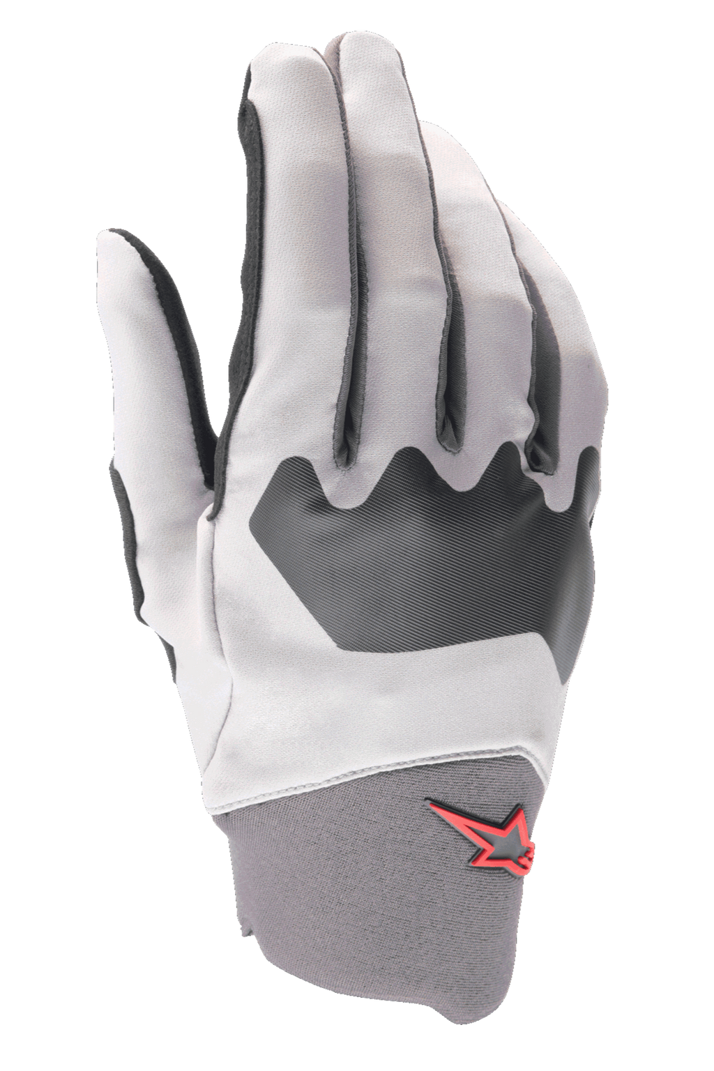 Gants Alpinestars A-Supra, gants de VTT, gris clair et noir, avec panneau texturé aux articulations et petit logo étoile rouge sur le poignet en néoprène, construction en spandex flexible pour le cyclisme
