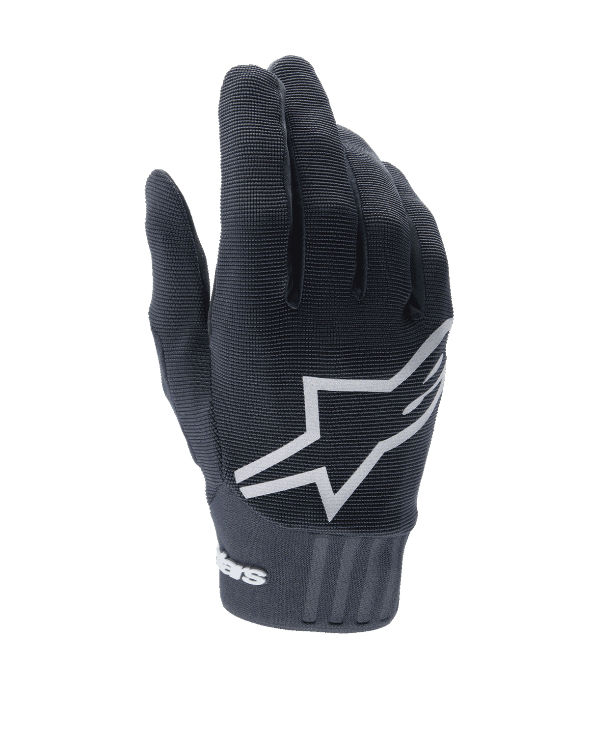 Alpinestars A-Dura Gloves, Black Mountain Bike Gloves, featuring a large white star logo on the back, textured stretch fabric, and a wide neoprene cuff with branding, designed for off-road cycling performance.