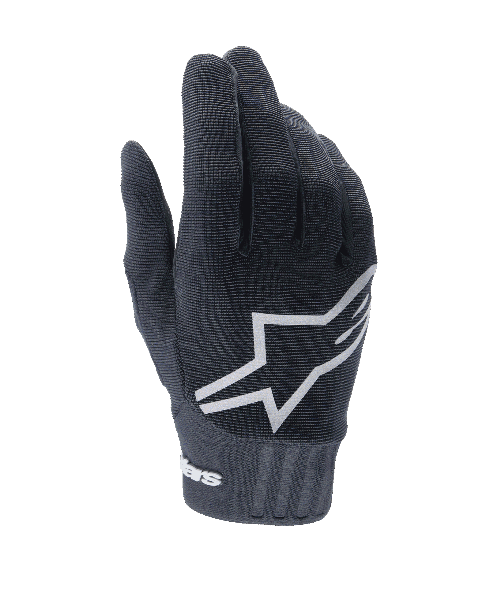 Alpinestars A-Dura Gloves, gants de VTT noirs, avec un grand logo étoile blanc sur le dessus, tissu extensible texturé et large poignet en néoprène avec logo, conçus pour la performance en cyclisme tout-terrain