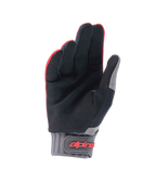 Gants Alpinestars A-Dura, gants de VTT, rouge fluo et noir, vue de la paume en daim synthétique pour l'adhérence, poignet en néoprène gris avec fermeture à boucle et crochet et marquage rouge, équipement de cyclisme tout-terrain
