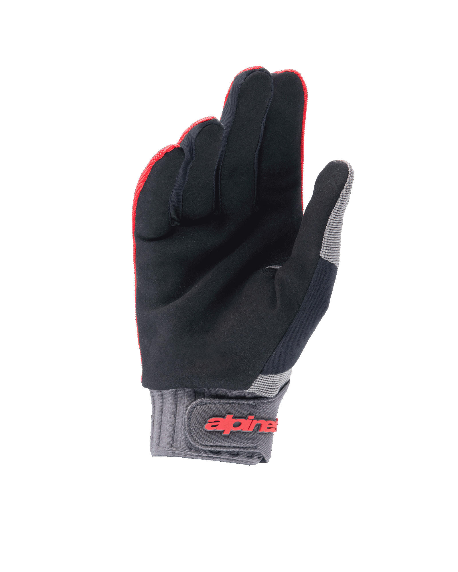 Gants Alpinestars A-Dura, gants de VTT, rouge fluo et noir, vue de la paume en daim synthétique pour l'adhérence, poignet en néoprène gris avec fermeture à boucle et crochet et marquage rouge, équipement de cyclisme tout-terrain