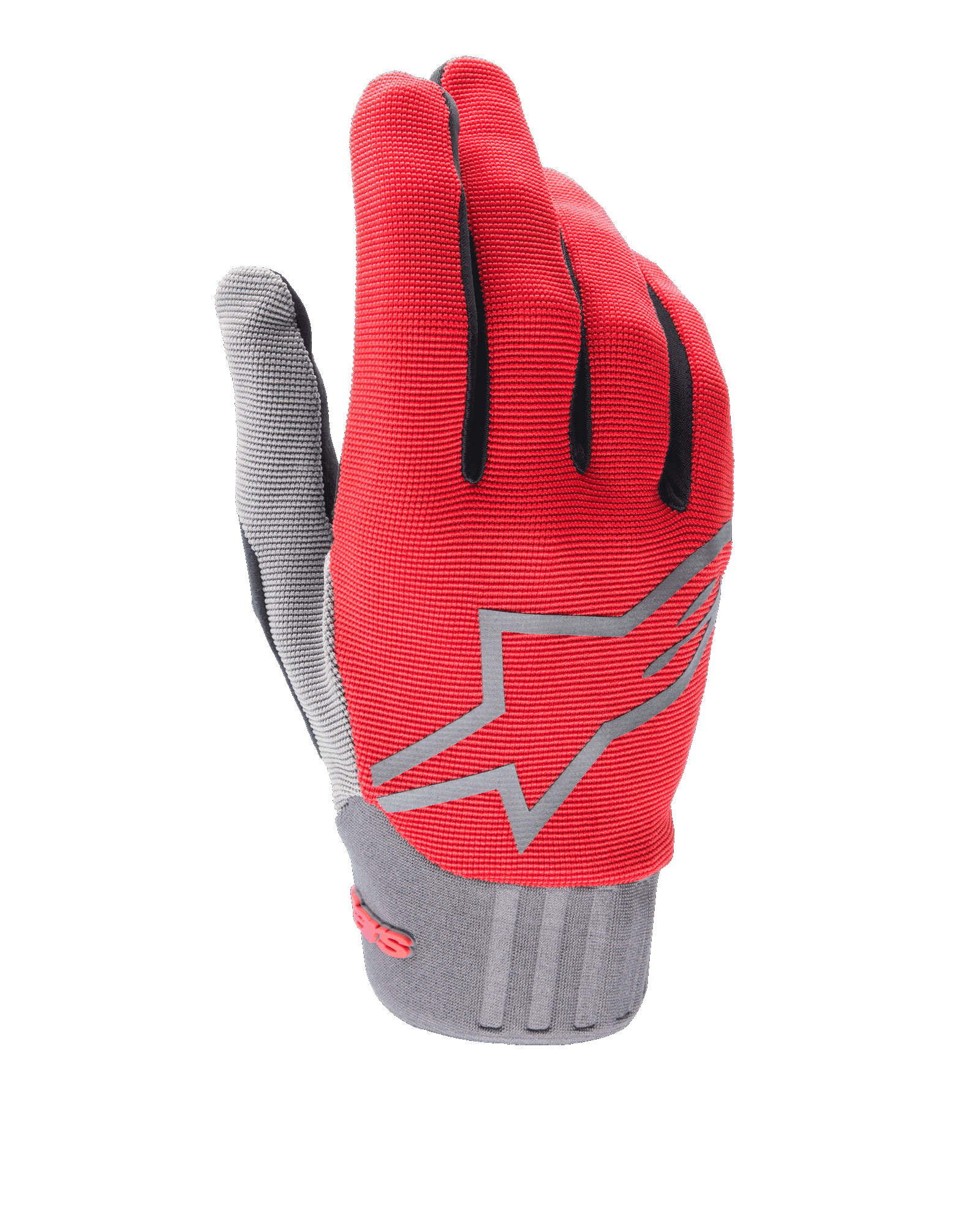 Gants Alpinestars A-Dura, gants de VTT, rouge fluo et gris, dotés d'un grand logo étoile gris sur le dos, accents noirs sur les doigts, poignet côtelé et tissu extensible pour le VTT