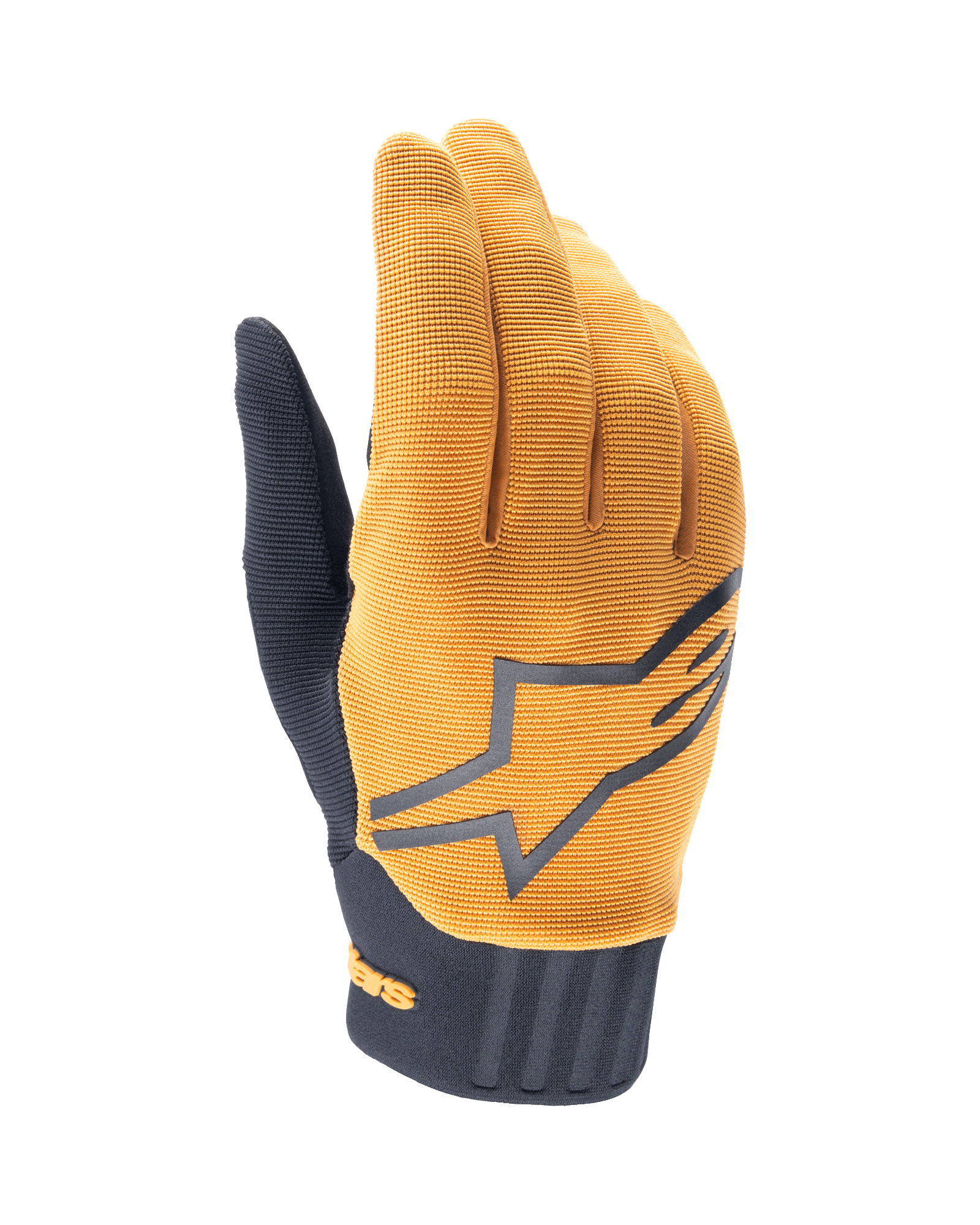 Alpinestars A-Dura Gloves, gants de VTT, or foncé et noir, dessus en tissu texturé doré avec un grand logo Alpinestars gris, manchette en néoprène noir, conçus pour l'adhérence et la mobilité en cyclisme tout-terrain