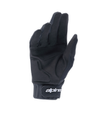 Gants Alpinestars A-Dura Gel, gants de VTT noirs, vue de la paume montrant la construction en daim synthétique et le rembourrage en gel, manchette en néoprène avec fermeture à scratch arborant le logo Alpinestars blanc, équipement de cyclisme ergonomique pour le trail et l'enduro