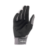 Gants Alpinestars A-Dura Gel, gants de VTT gris clair et noir, vue de la paume en daim synthétique noir avec rembourrage par insert en gel, manchette en néoprène avec fermeture à scratch au poignet et logo, équipement de cyclisme ergonomique