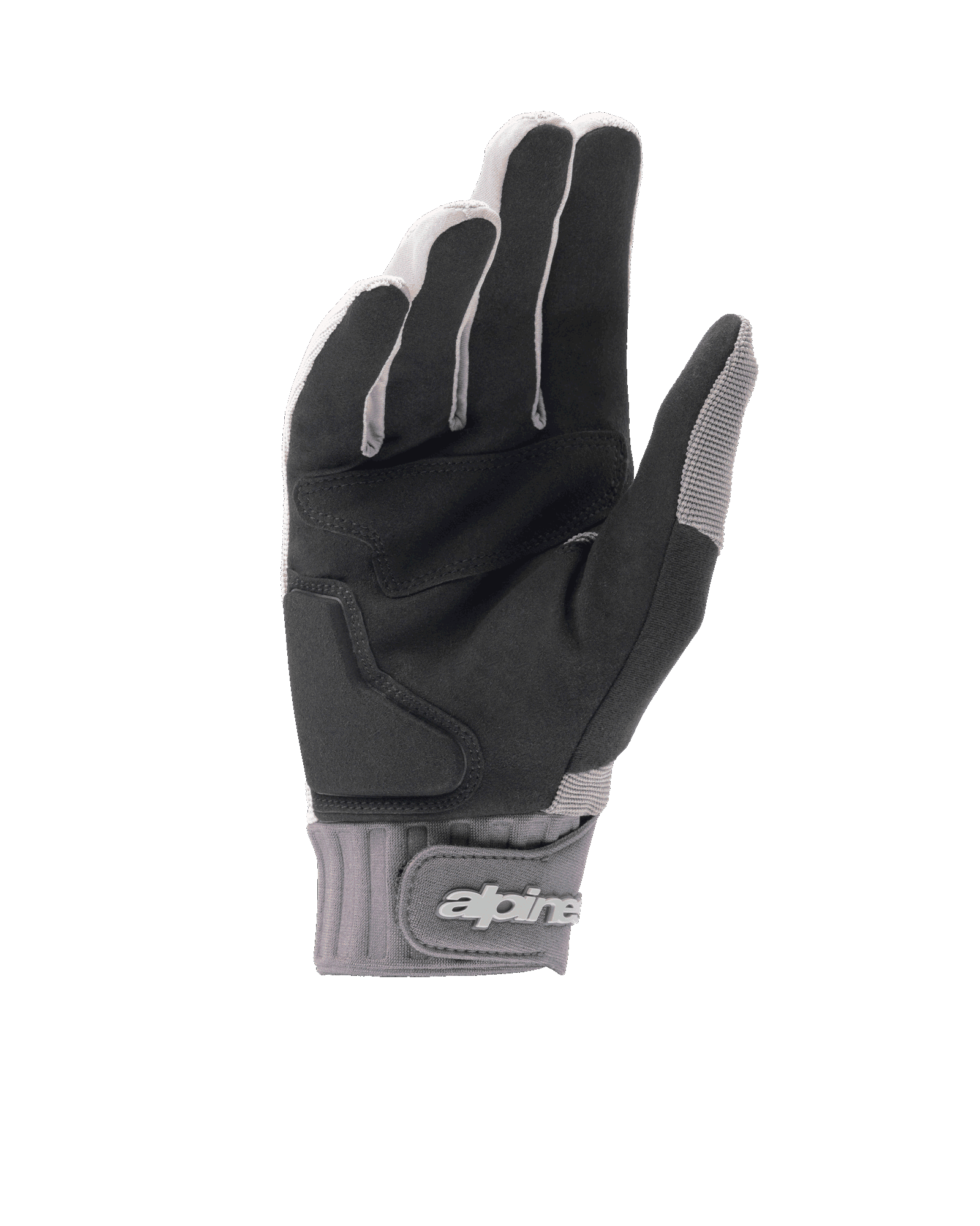 Gants Alpinestars A-Dura Gel, gants de VTT gris clair et noir, vue de la paume en daim synthétique noir avec rembourrage par insert en gel, manchette en néoprène avec fermeture à scratch au poignet et logo, équipement de cyclisme ergonomique