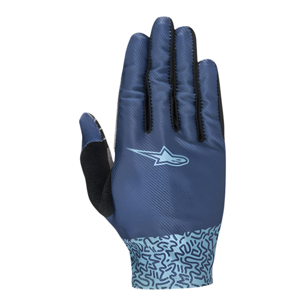 Gants Alpinestars Stella Alderex Pro Femme, Bleu Moyen, gants de VTT et de cyclisme tout-terrain, vue de dessus avec mesh extensible respirant, logo bleu clair, motif graphique abstrait sur la manchette et patch en tissu éponge noir sur le pouce