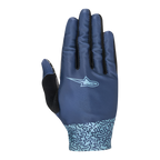 Gants Alpinestars Stella Alderex Pro Femme, Bleu Moyen, gants de VTT et de cyclisme tout-terrain, vue de dessus avec mesh extensible respirant, logo bleu clair, motif graphique abstrait sur la manchette et patch en tissu éponge noir sur le pouce