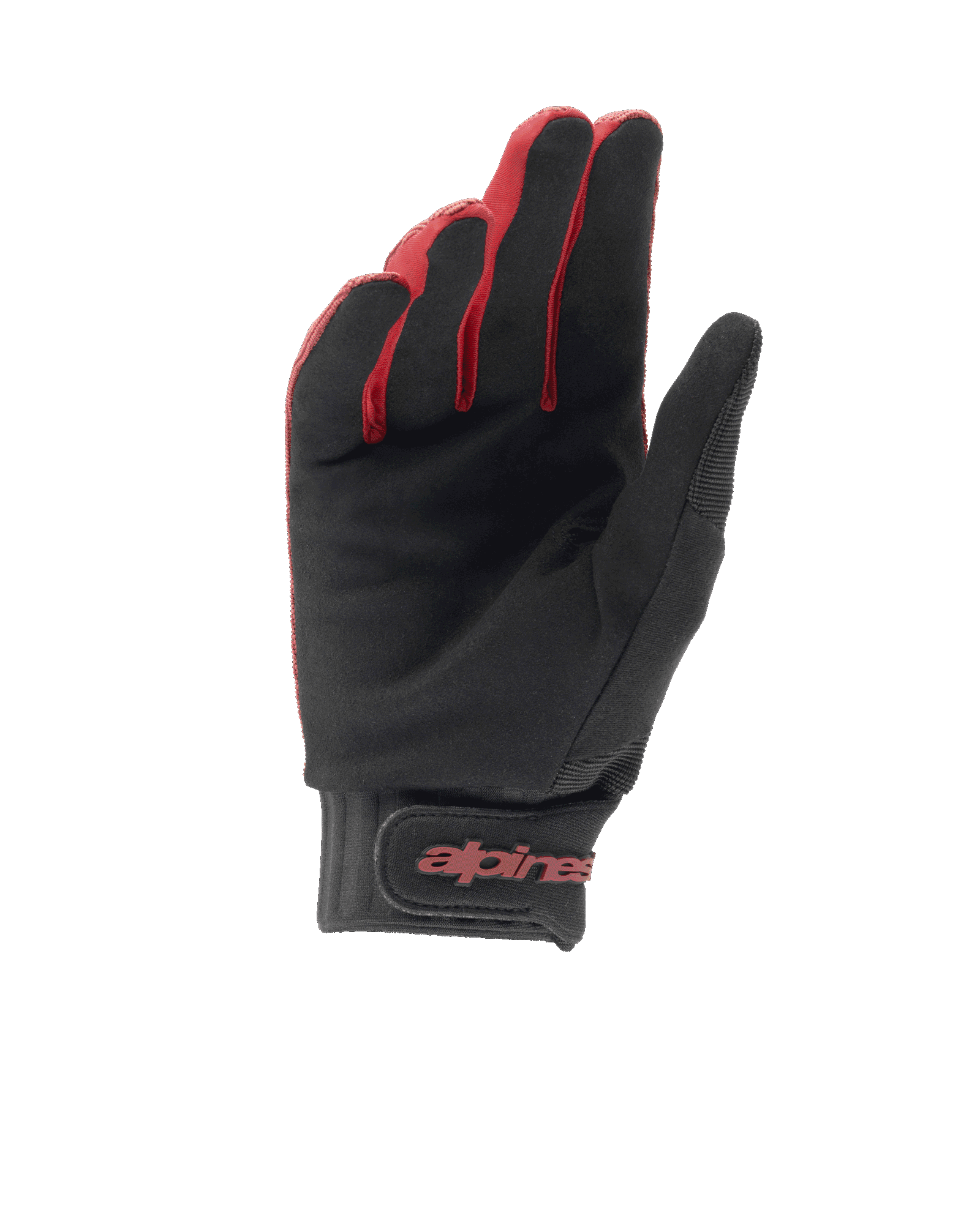 Gants Stella A-Dura Femme Alpinestars, gants de VTT, bordeaux et noir, vue de la paume montrant l'adhérence en daim synthétique, manchette en néoprène avec fermeture à scratch, logo Alpinestars rouge