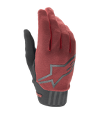 Gants de VTT pour femme Alpinestars Stella A-Dura, bordeaux et noir, dotés d'une tige en tissu texturé, d'un grand logo étoile gris sur le dessus et d'un poignet en néoprène noir avec fermeture sécurisée, conçus pour un ajustement ergonomique et la performance