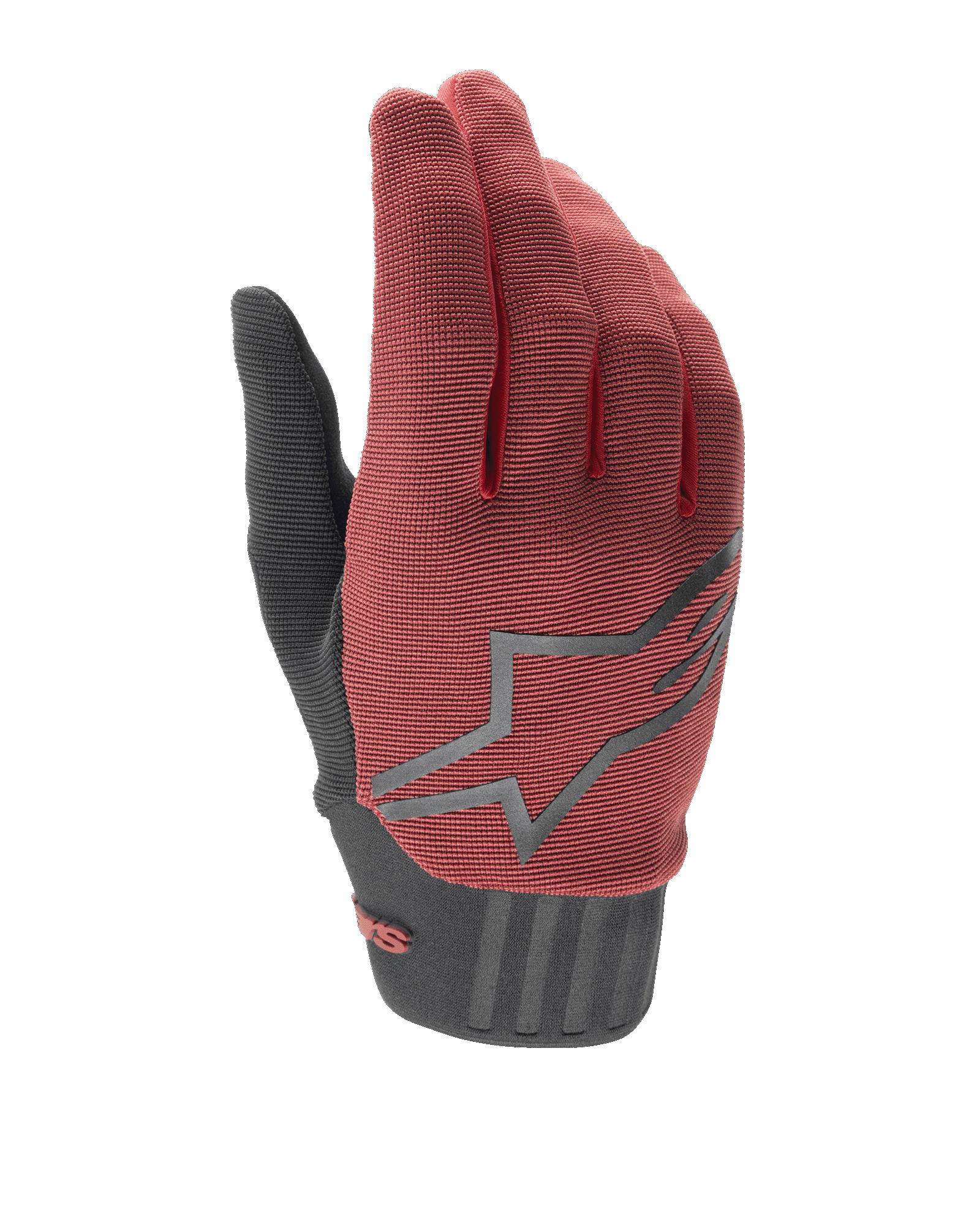 Gants de VTT pour femme Alpinestars Stella A-Dura, bordeaux et noir, dotés d'une tige en tissu texturé, d'un grand logo étoile gris sur le dessus et d'un poignet en néoprène noir avec fermeture sécurisée, conçus pour un ajustement ergonomique et la performance
