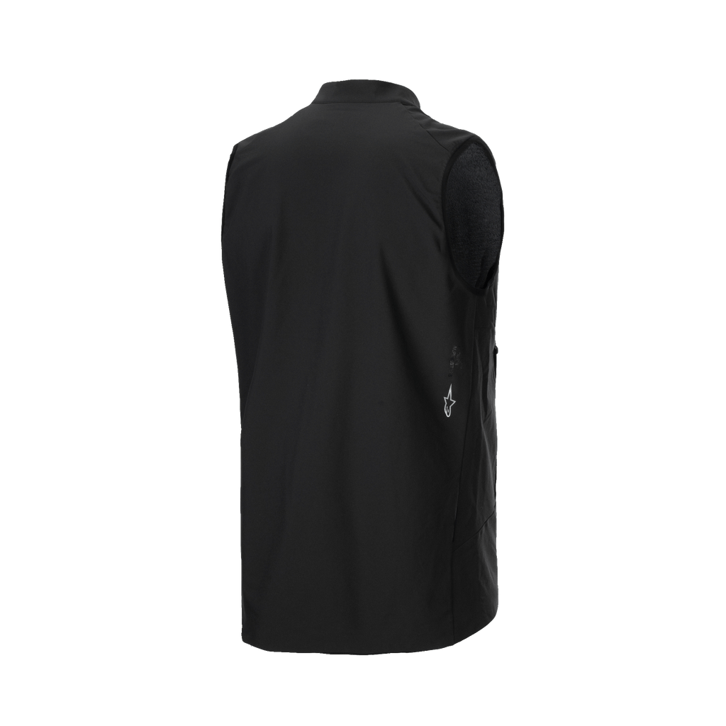 Gilet thermique Alpinestars A-Dura, gilet de cyclisme noir, vue de trois-quart arrière montrant un tissu lisse et un petit logo Alpinestars blanc sur le côté inférieur, isolation thermique légère pour le VTT