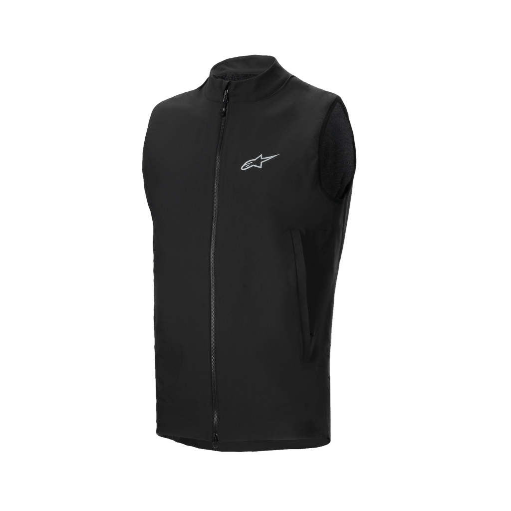 Gilet thermique Alpinestars A-Dura, gilet de cyclisme noir, doté d'une fermeture éclair frontale intégrale et d'un petit logo Alpinestars réfléchissant sur la poitrine, poches latérales zippées, conception isolée légère pour le VTT par temps froid